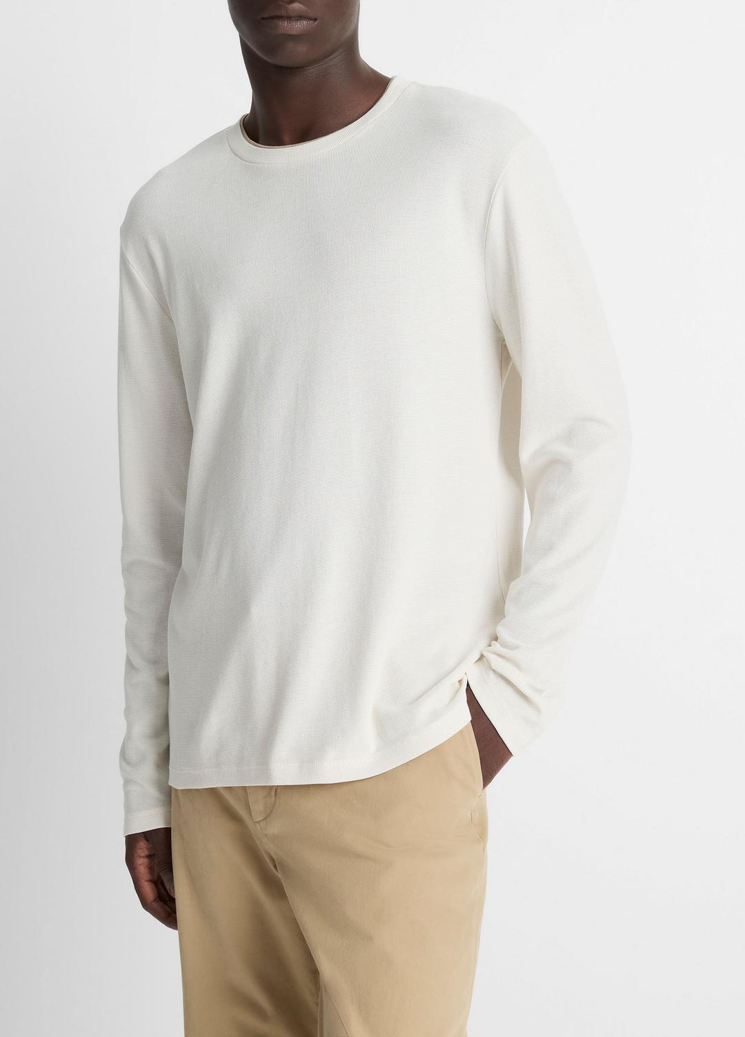 VINCE | Micro-Waffle Pima Cotton Double-Collar Long-Sleeve T-Shirt in Long Sleeve - BLANCO/TERRAPIN