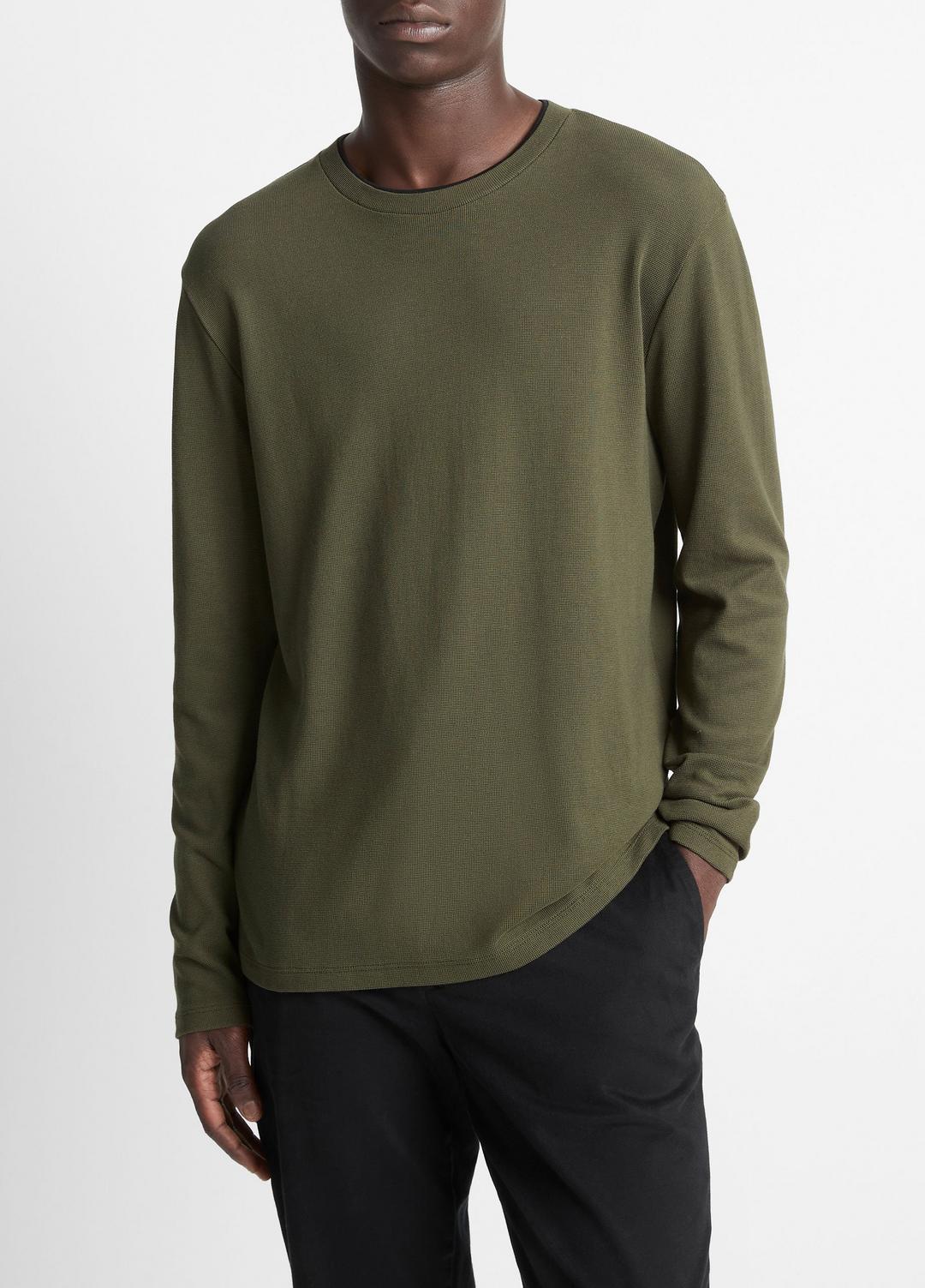 VINCE | Micro-Waffle Pima Cotton Double-Collar Long-Sleeve T-Shirt in Long Sleeve - DRIVER GREEN/BLACK