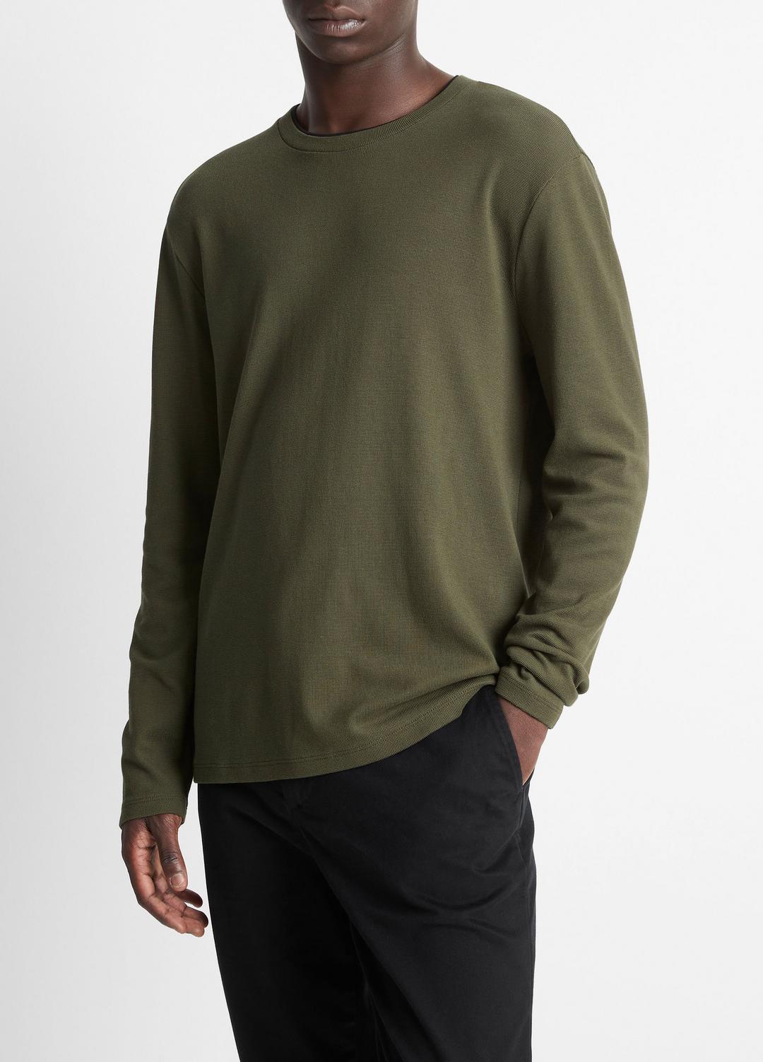 VINCE | Micro-Waffle Pima Cotton Double-Collar Long-Sleeve T-Shirt in Long Sleeve - DRIVER GREEN/BLACK