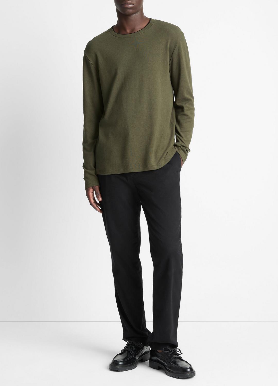 VINCE | Micro-Waffle Pima Cotton Double-Collar Long-Sleeve T-Shirt in Long Sleeve - DRIVER GREEN/BLACK
