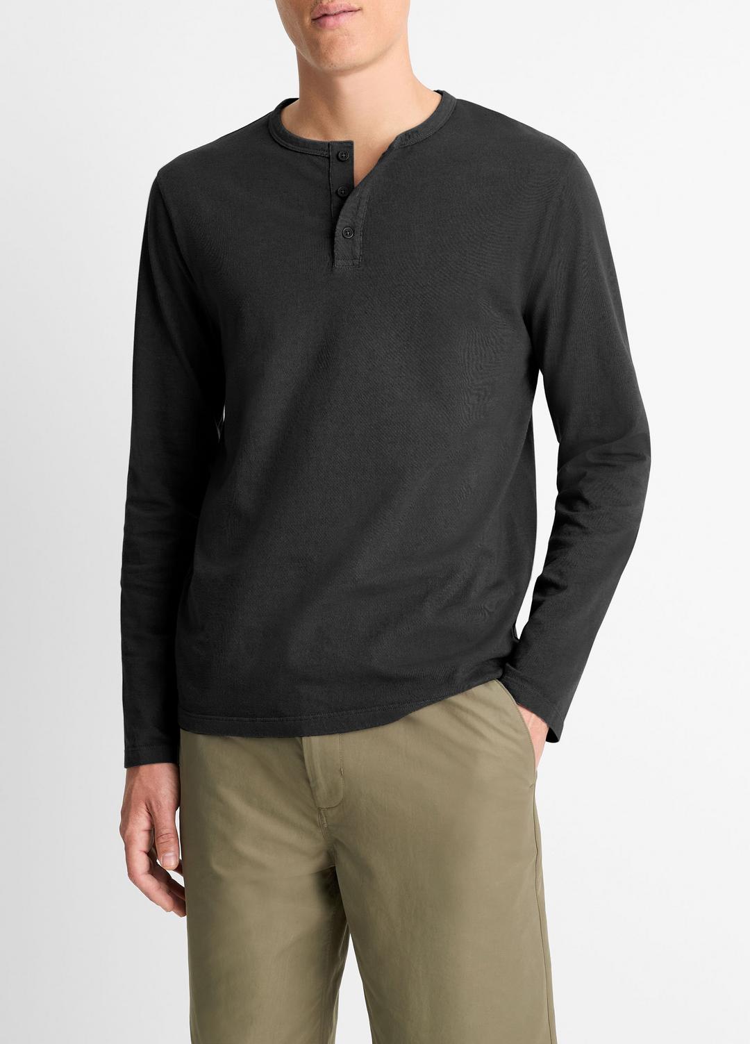 VINCE | Garment Dye Cotton Long-Sleeve Henley in Henleys & Polos - TRUE BLACK