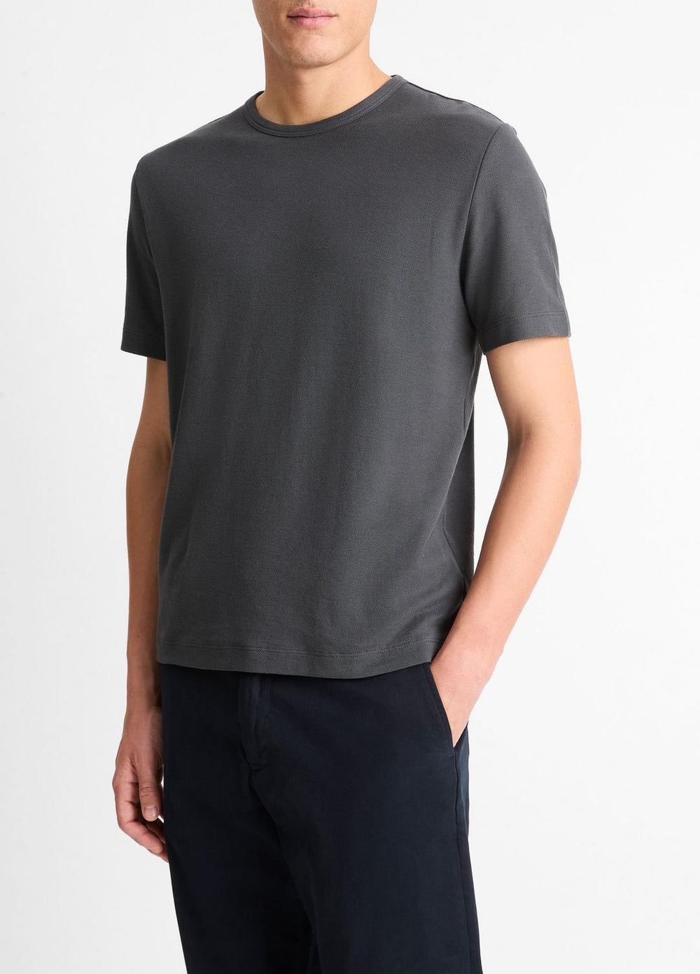 VINCE | Pima Cotton Piqué Crew Neck T-Shirt in Short Sleeve - SOFT BLACK