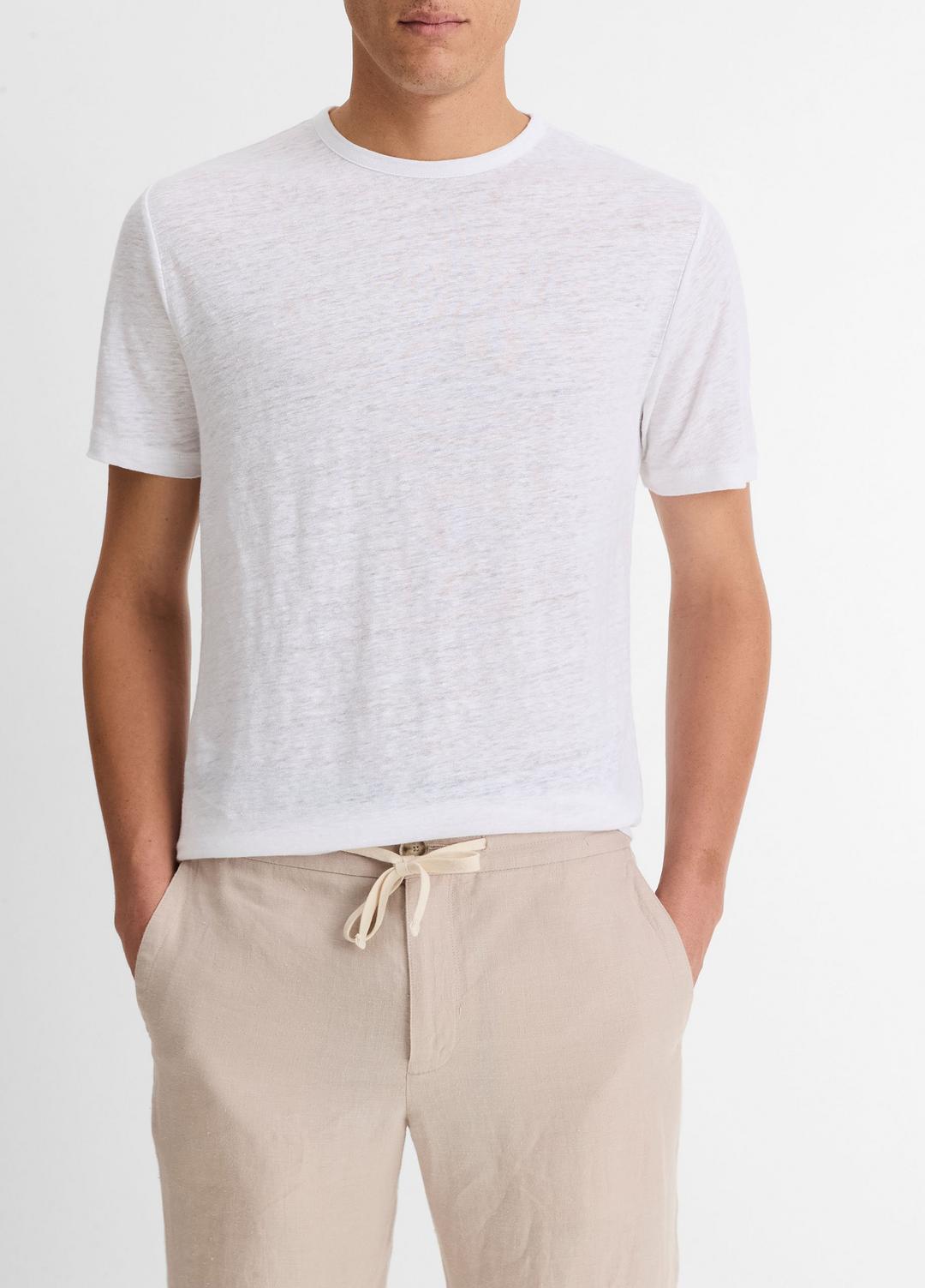 VINCE | Linen Crew Neck T-Shirt in Short Sleeve - OPTIC WHITE