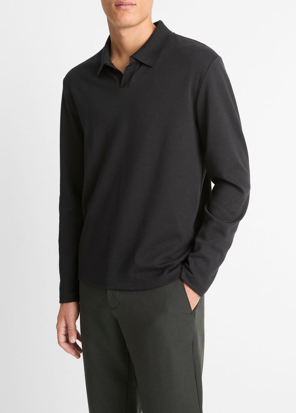 VINCE | Milano Pima Cotton-Blend Johnny-Collar Shirt in Long Sleeve - BLACK