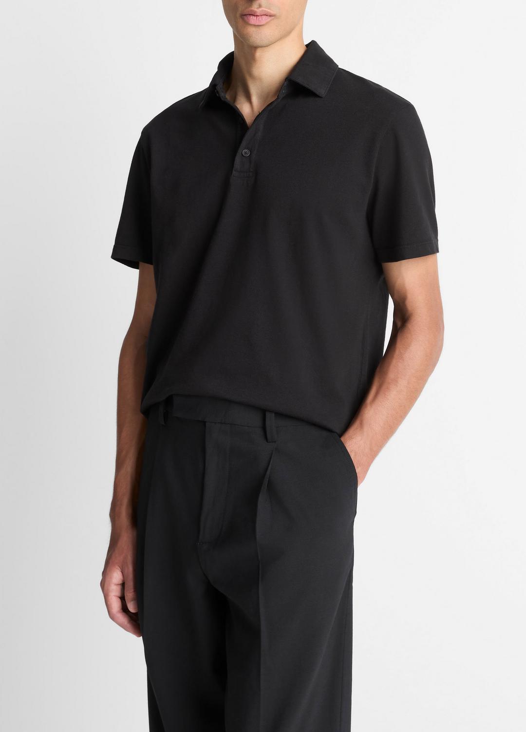 VINCE | Garment Dye Cotton Polo Shirt in Short Sleeve - TRUE BLACK