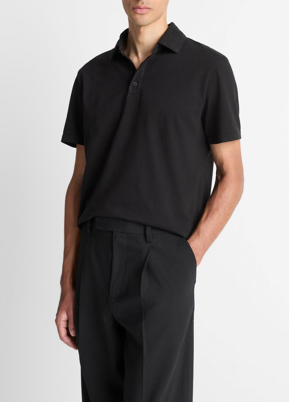VINCE | Garment Dye Cotton Polo Shirt in Short Sleeve - TRUE BLACK