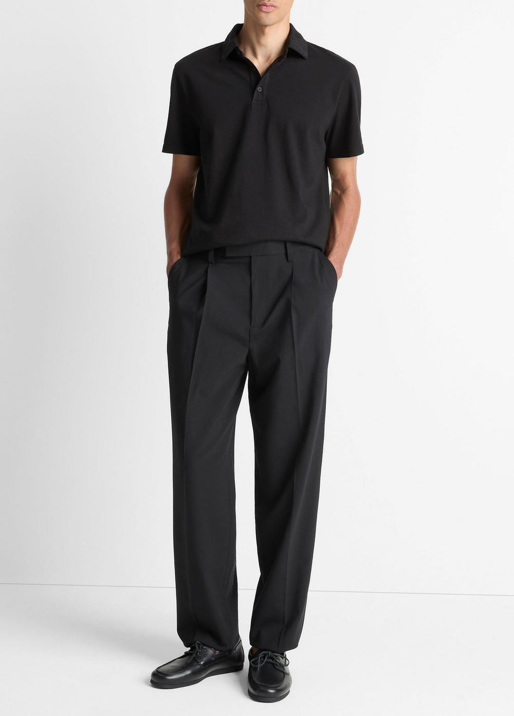 VINCE | Garment Dye Cotton Polo Shirt in Short Sleeve - TRUE BLACK