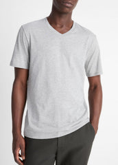 VINCE | Pima Cotton V-Neck T-Shirt in Short Sleeve - HEATHER STEEL