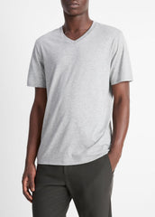 VINCE | Pima Cotton V-Neck T-Shirt in Short Sleeve - HEATHER STEEL