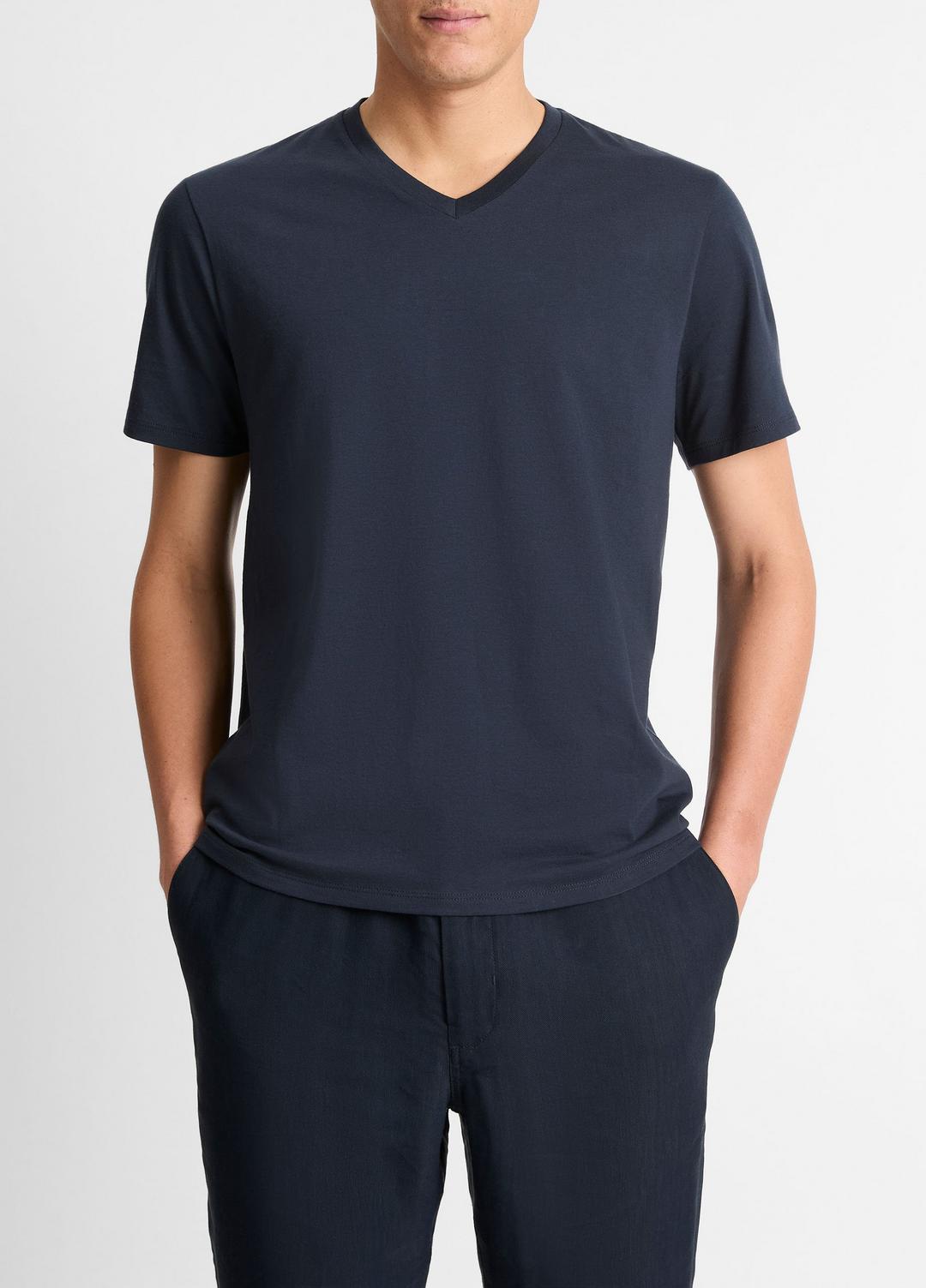 VINCE | Pima Cotton V-Neck T-Shirt in Short Sleeve - COASTAL BLUE