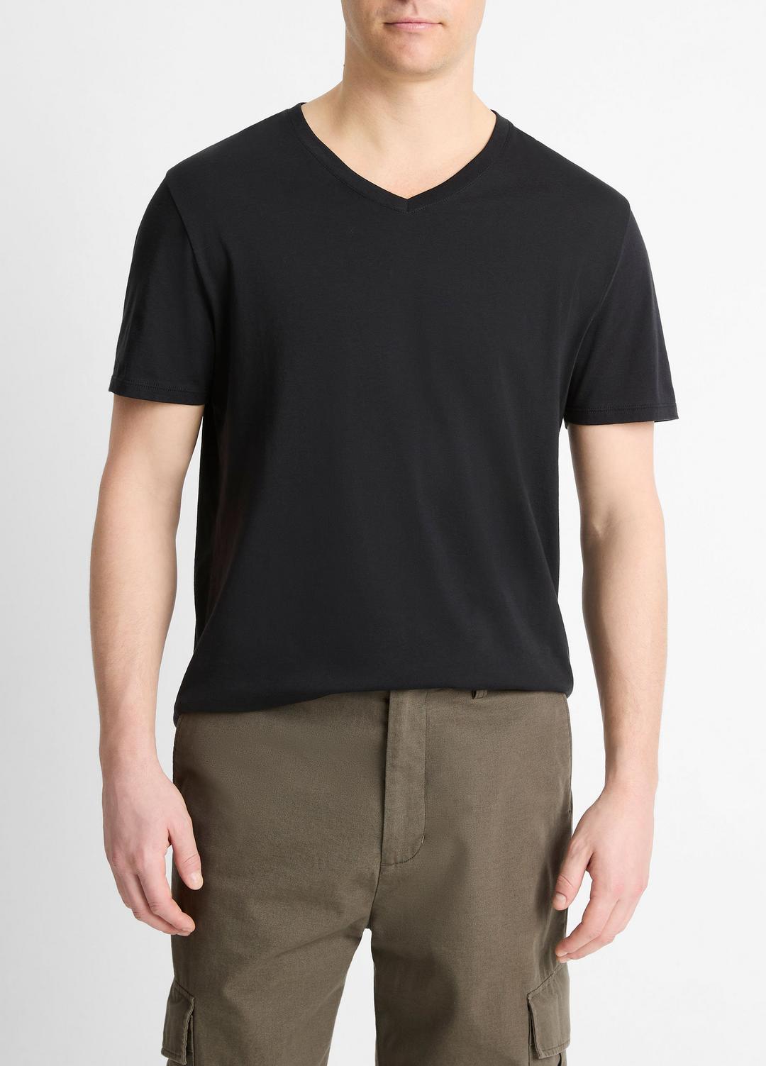 VINCE | Pima Cotton V-Neck T-Shirt in Short Sleeve - BLACK