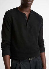 VINCE | Jacquard-Rib Cotton Henley in Long Sleeve - BLACK