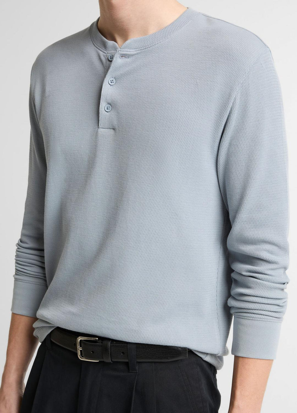 VINCE | Jacquard-Rib Cotton Henley in Long Sleeve - STEEL BLUE