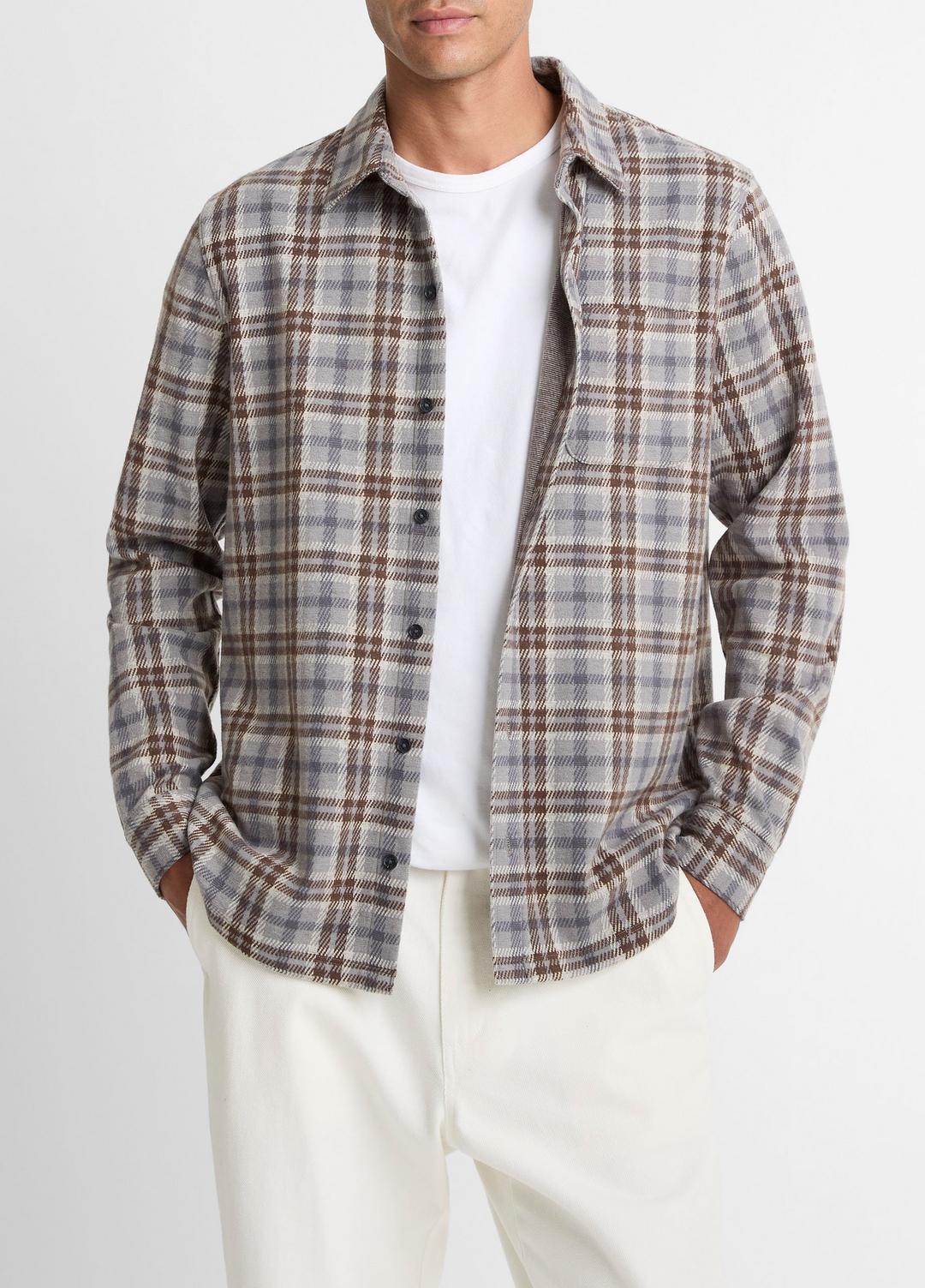 VINCE | Plaid Cotton-Blend Shirt Jacket in Shirt Jackets - HEATHER FOG COMBO