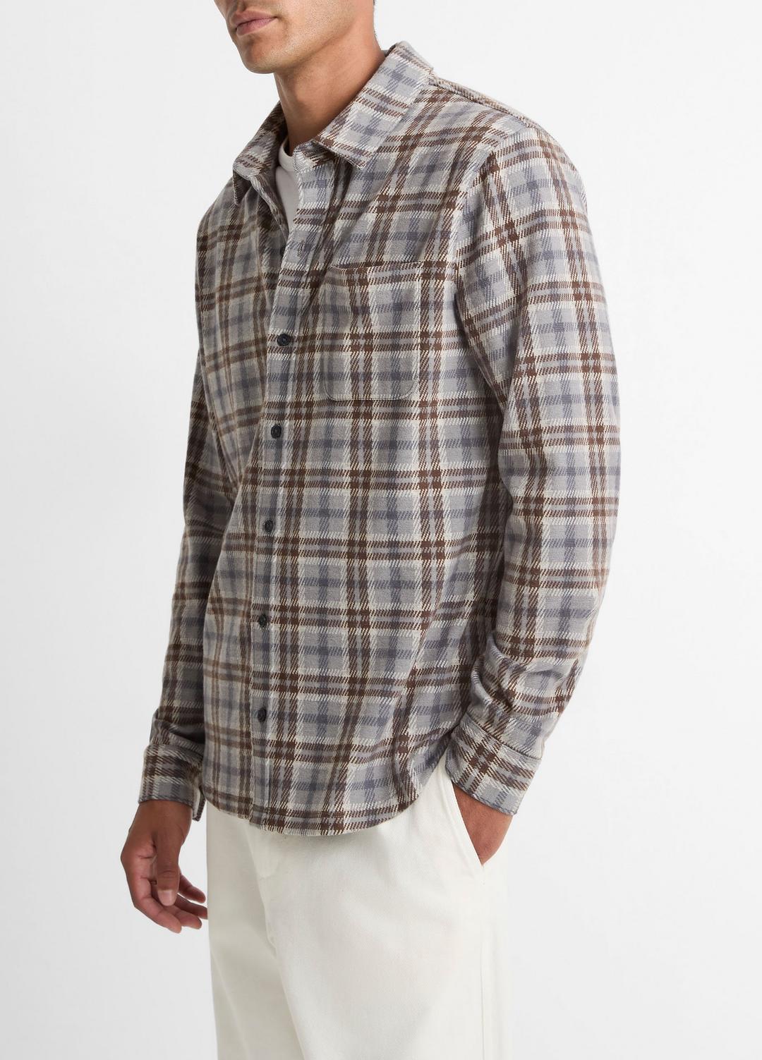 VINCE | Plaid Cotton-Blend Shirt Jacket in Shirt Jackets - HEATHER FOG COMBO