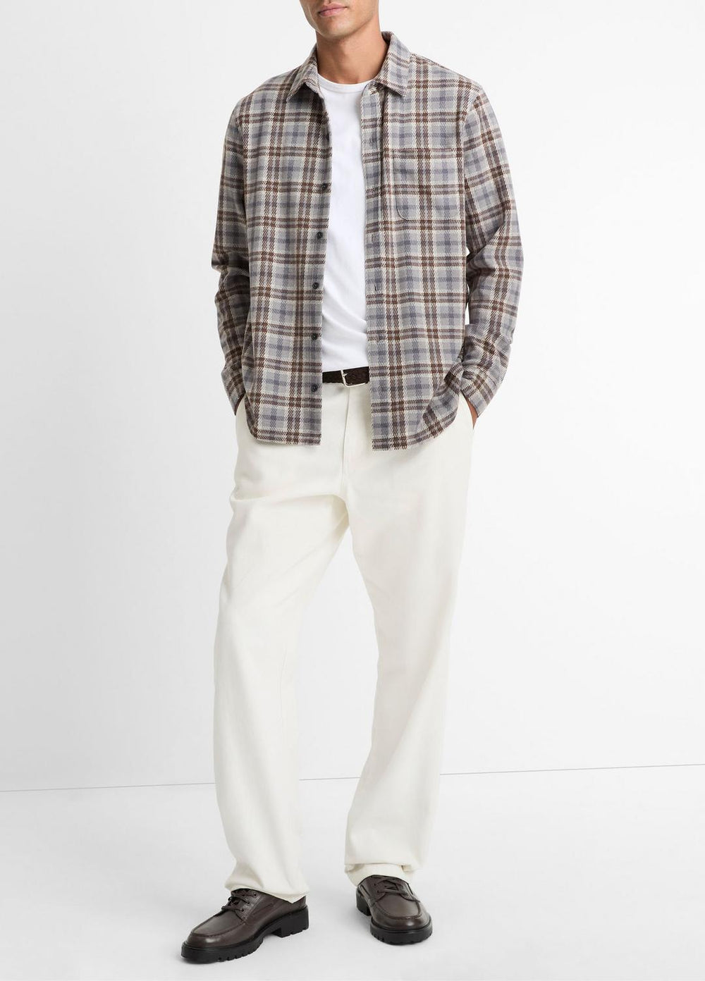 VINCE | Plaid Cotton-Blend Shirt Jacket in Shirt Jackets - HEATHER FOG COMBO