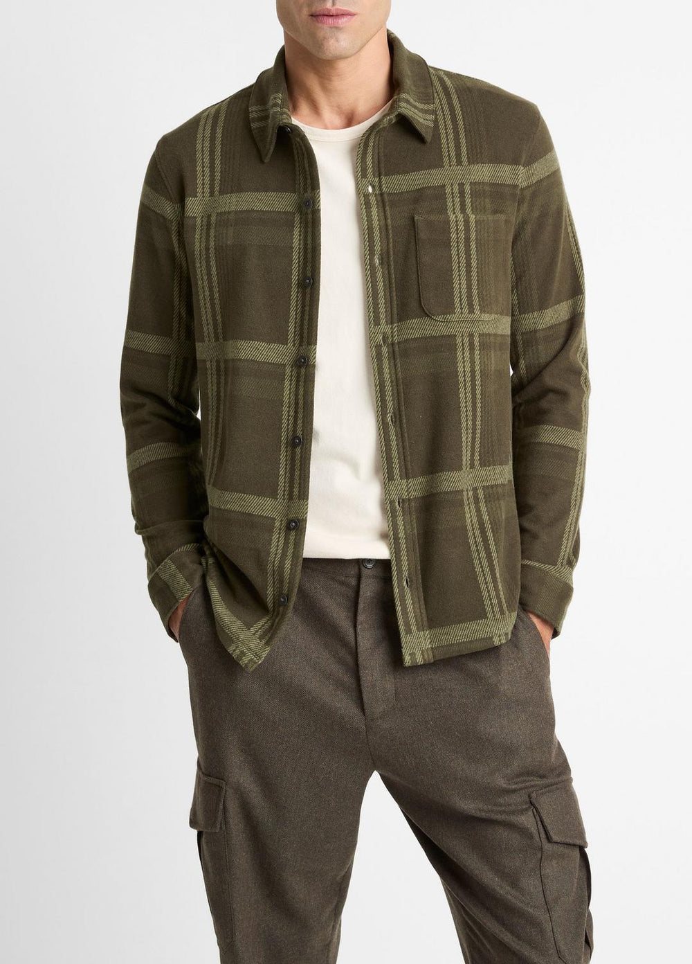 VINCE | Plaid Cotton-Blend Shirt Jacket in Shirt Jackets - DARK LEAF COMBO