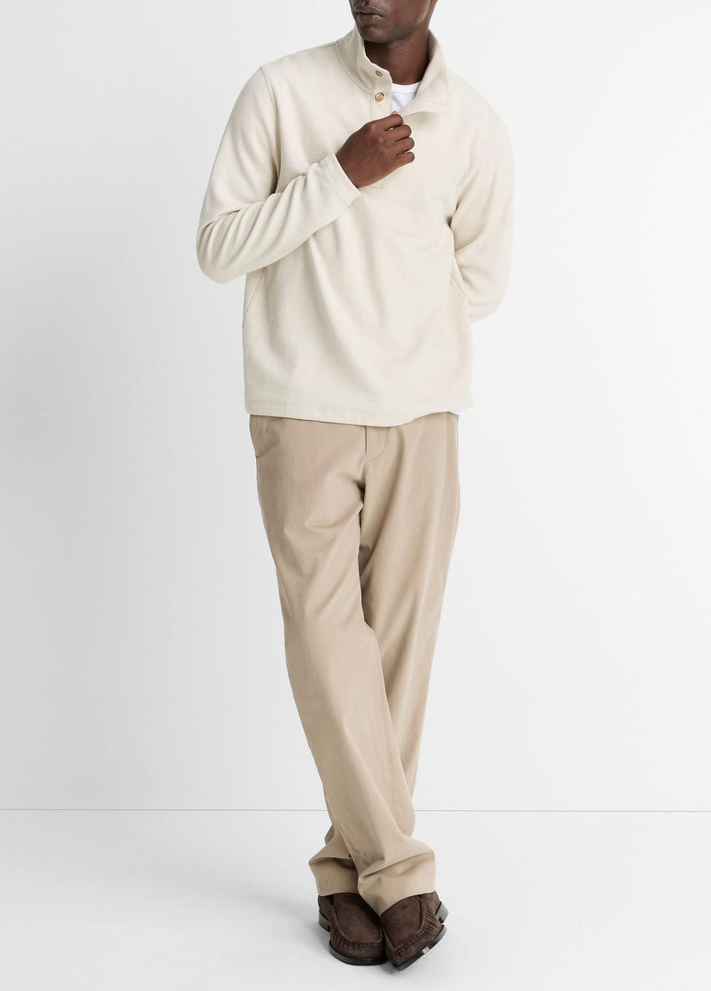 VINCE | Cotton Button Mock-Neck Pullover in Sweatshirts & Hoodies - HEATHER BONE