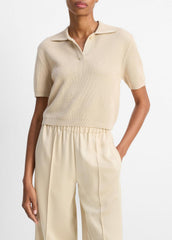 VINCE | Ribbed Silk-Cotton Polo Sweater in Sweaters - PALE CANYON