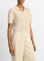 VINCE | Ribbed Silk-Cotton Polo Sweater in Sweaters - PALE CANYON