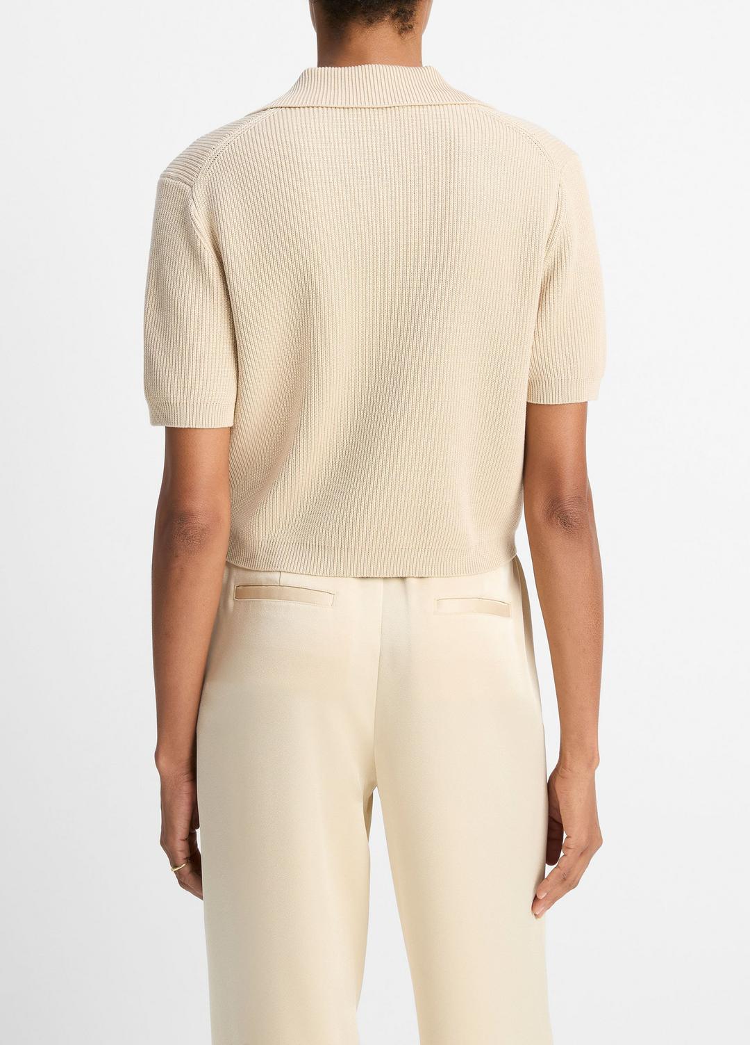 VINCE | Ribbed Silk-Cotton Polo Sweater in Sweaters - PALE CANYON