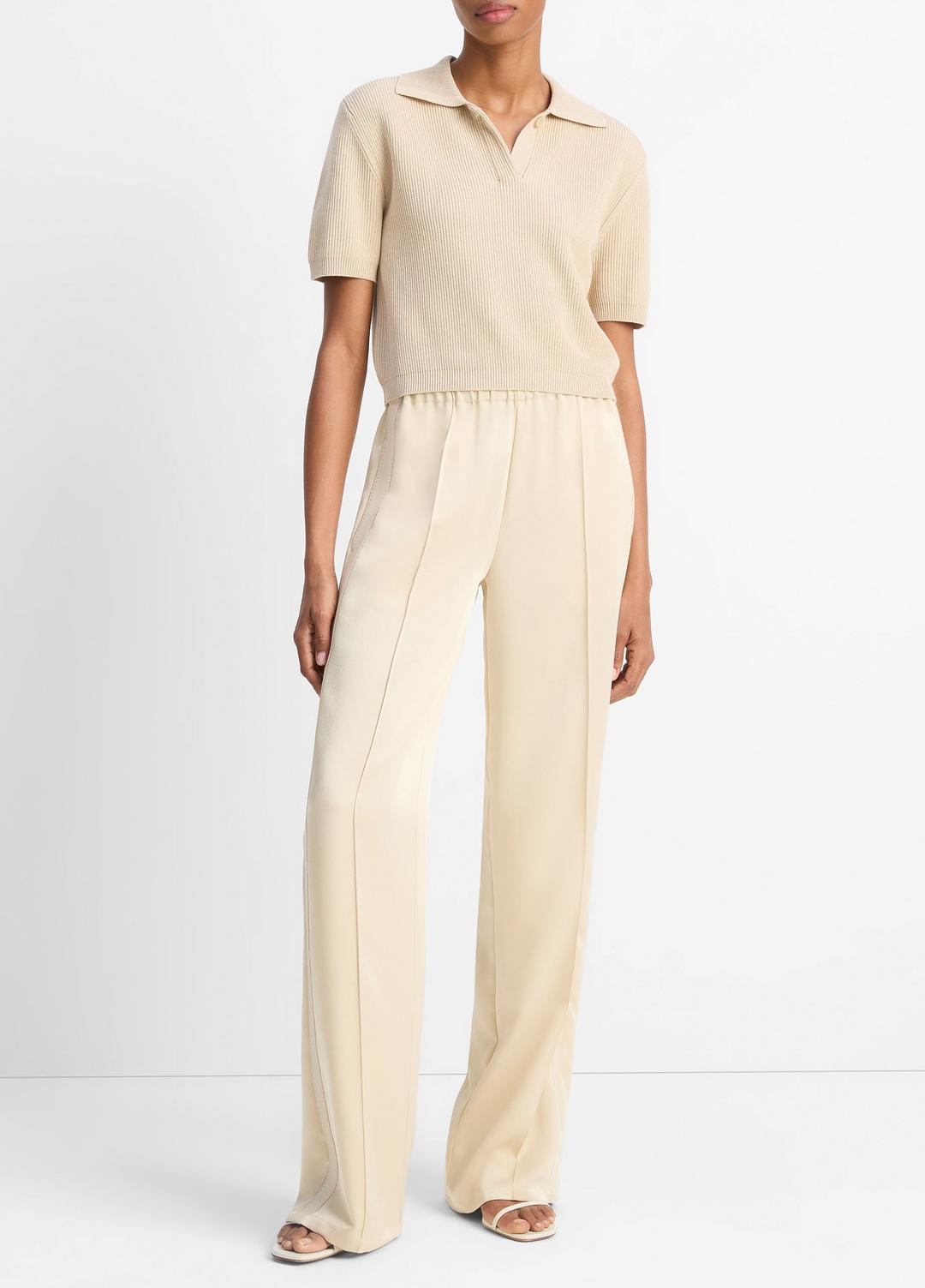 VINCE | Ribbed Silk-Cotton Polo Sweater in Sweaters - PALE CANYON