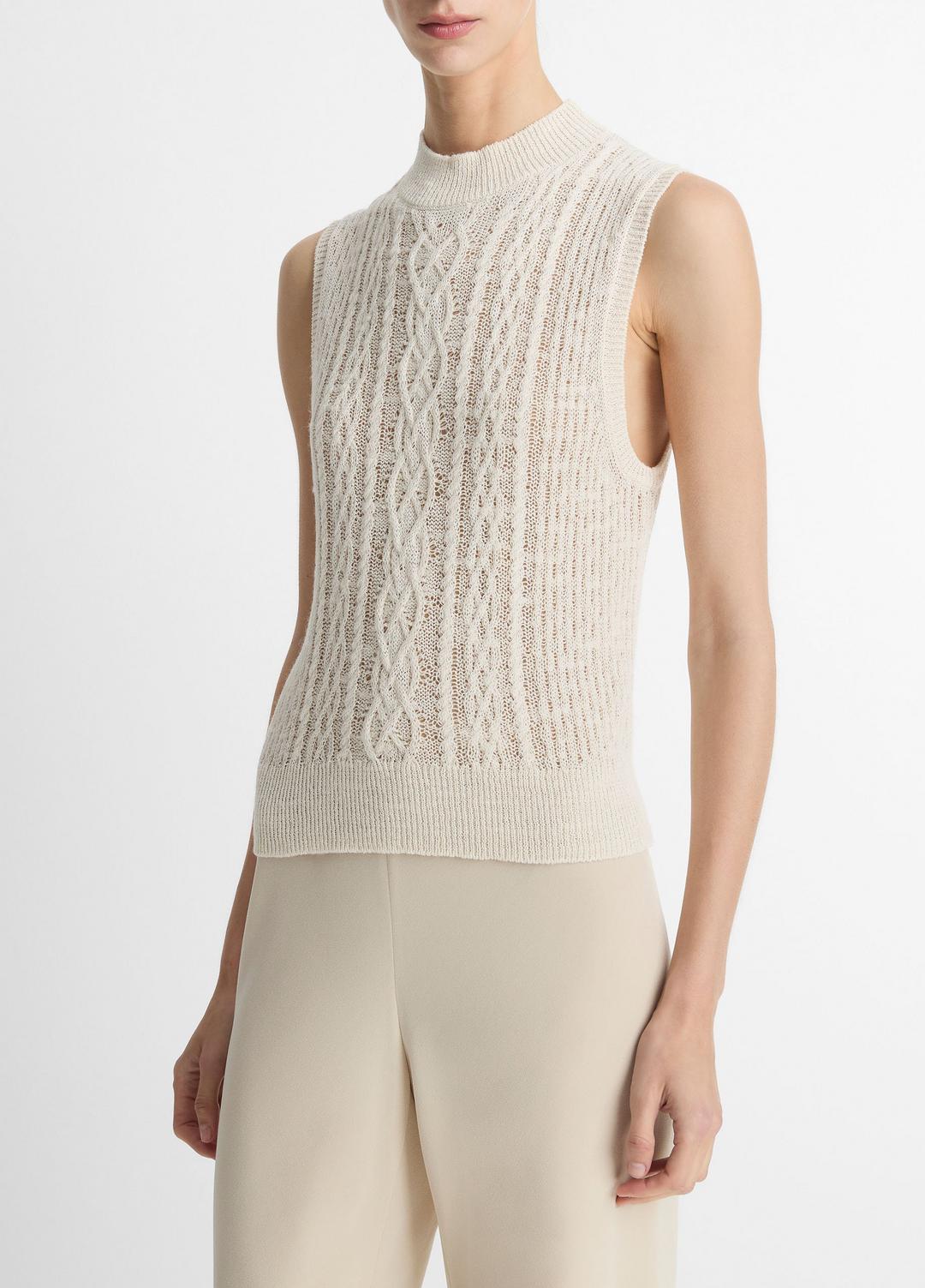 VINCE | Cable Cotton-Blend Double-Layer Shell in Sweaters - OFF WHITE/GOLD CLIFF
