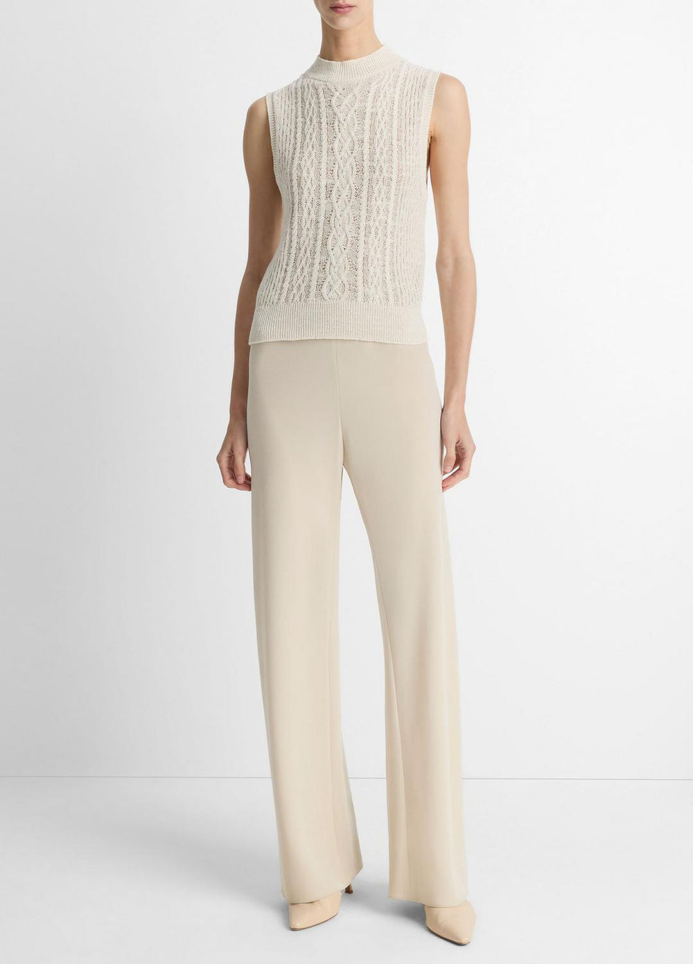 VINCE | Cable Cotton-Blend Double-Layer Shell in Sweaters - OFF WHITE/GOLD CLIFF