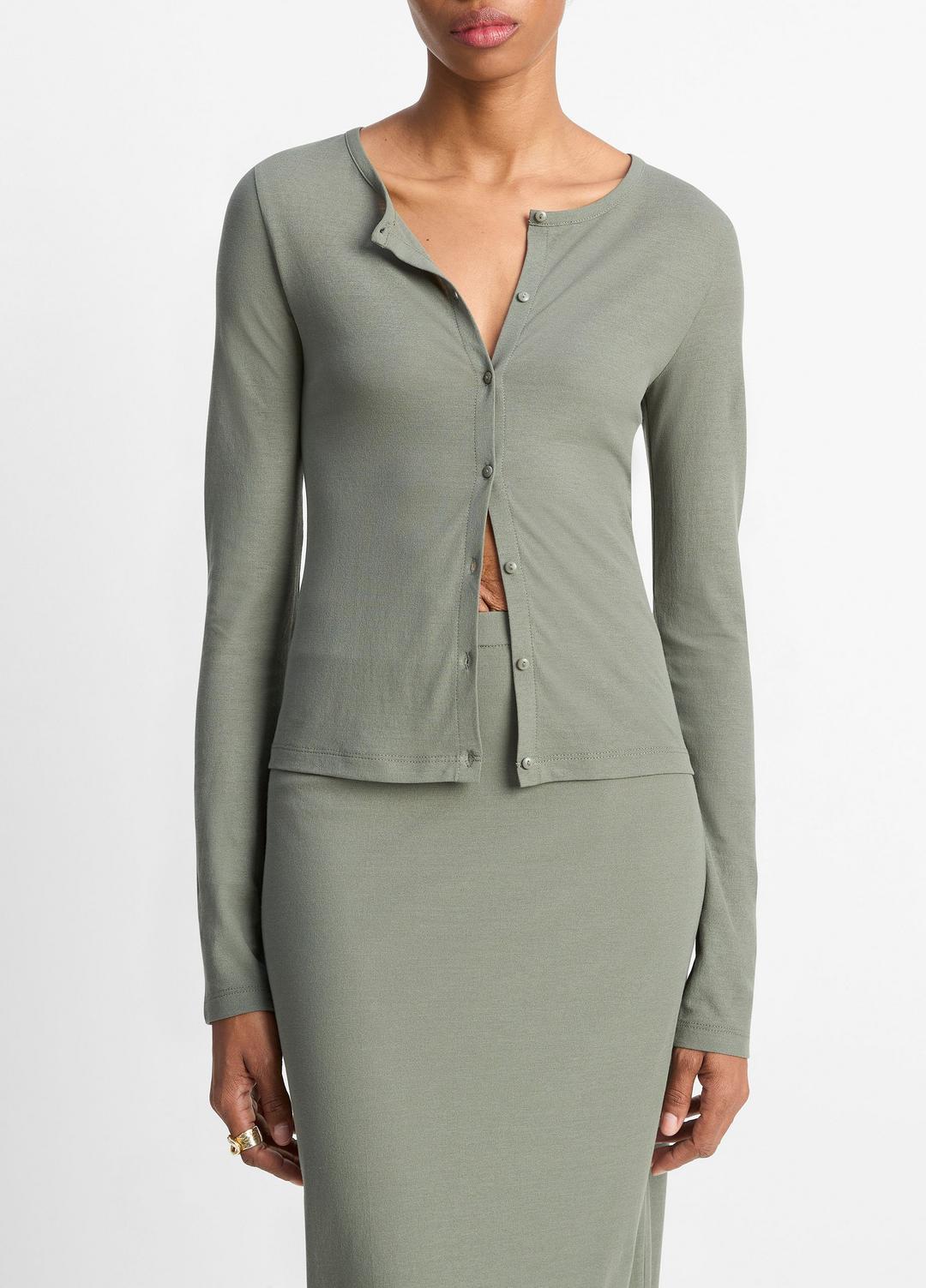 VINCE | Cotton Crepe Jersey Cardigan in Shirts & Tees - CLAY SAGE