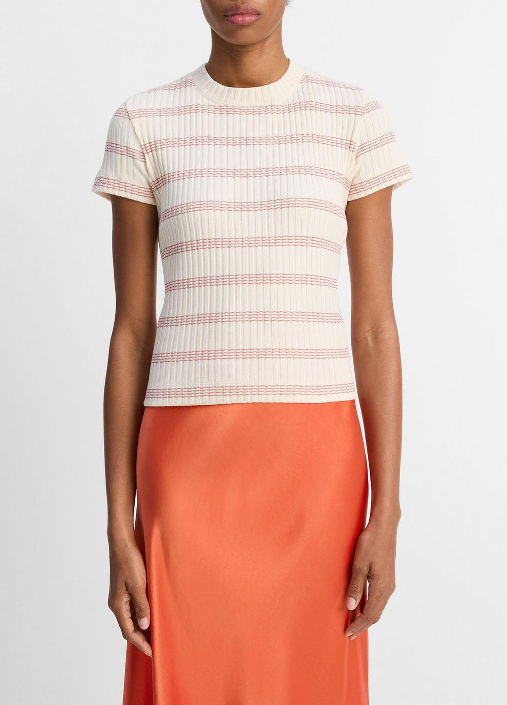 VINCE | Striped Ribbed Cotton-Blend Top in Shirts & Tees - OAT SHELL COMBO