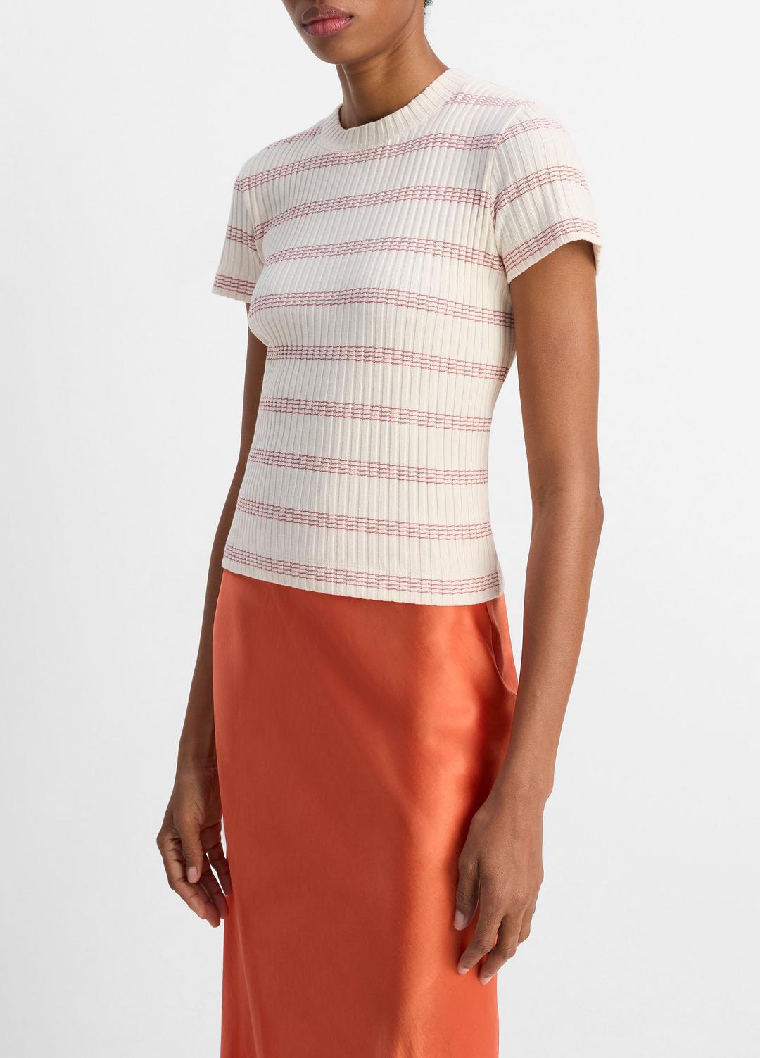 VINCE | Striped Ribbed Cotton-Blend Top in Shirts & Tees - OAT SHELL COMBO