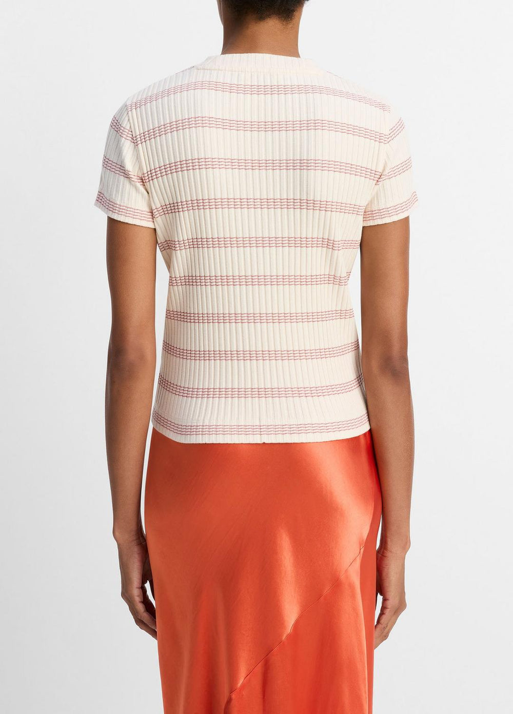 VINCE | Striped Ribbed Cotton-Blend Top in Shirts & Tees - OAT SHELL COMBO