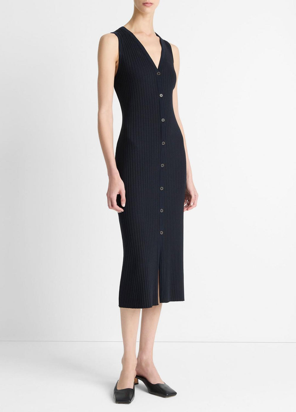 VINCE | Ribbed Cotton-Blend Button-Front Dress in Dresses & Skirts - COASTAL BLUE