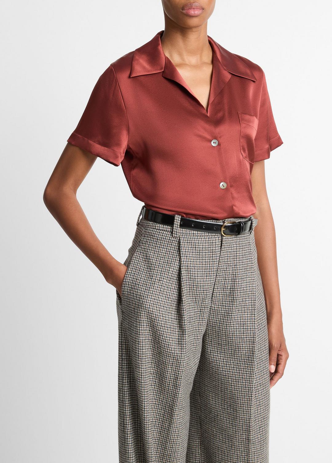 VINCE | Silk Short-Sleeve Button-Front Shirt in Shirts & Tees - SIENA