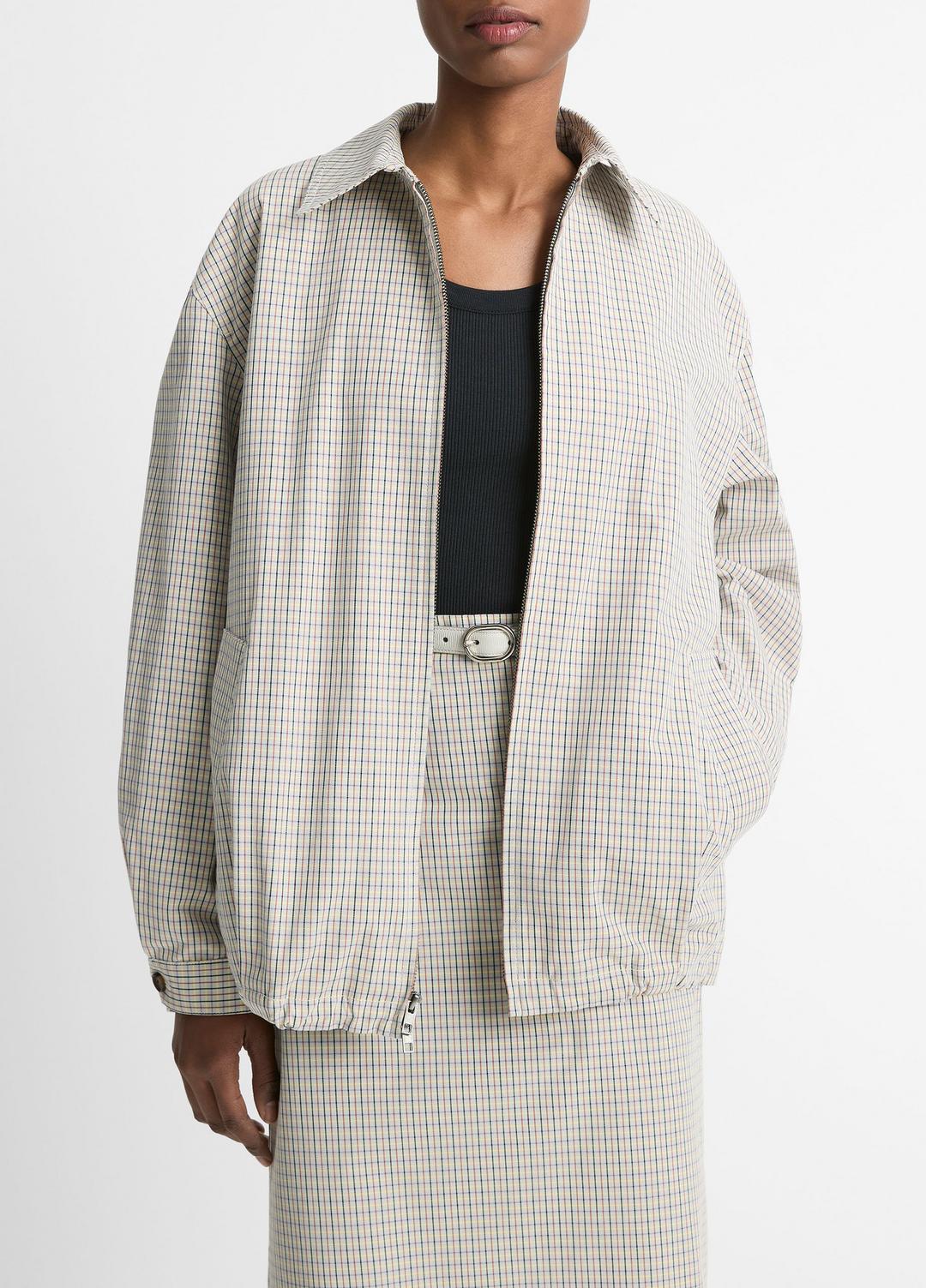 VINCE | Gardener's Check Cotton Oversized Bomber Jacket in Jackets & Outerwear - STONE/TAN