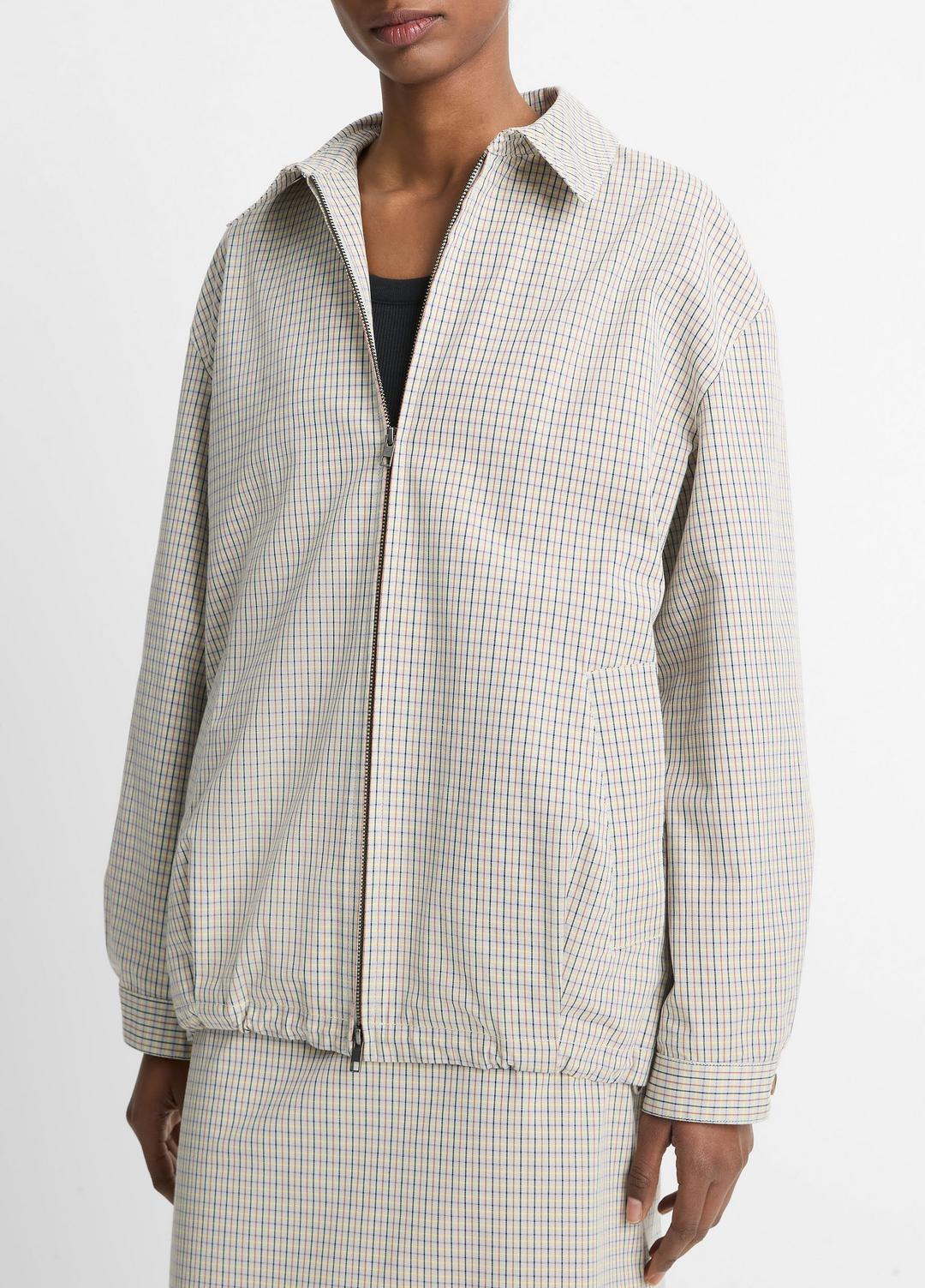 VINCE | Gardener's Check Cotton Oversized Bomber Jacket in Jackets & Outerwear - STONE/TAN