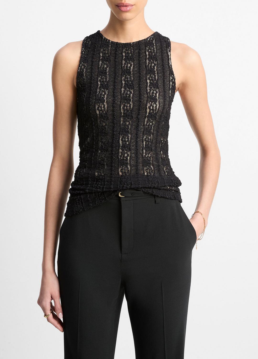 VINCE | Smocked Lace Shell in Shirts & Tees - BLACK
