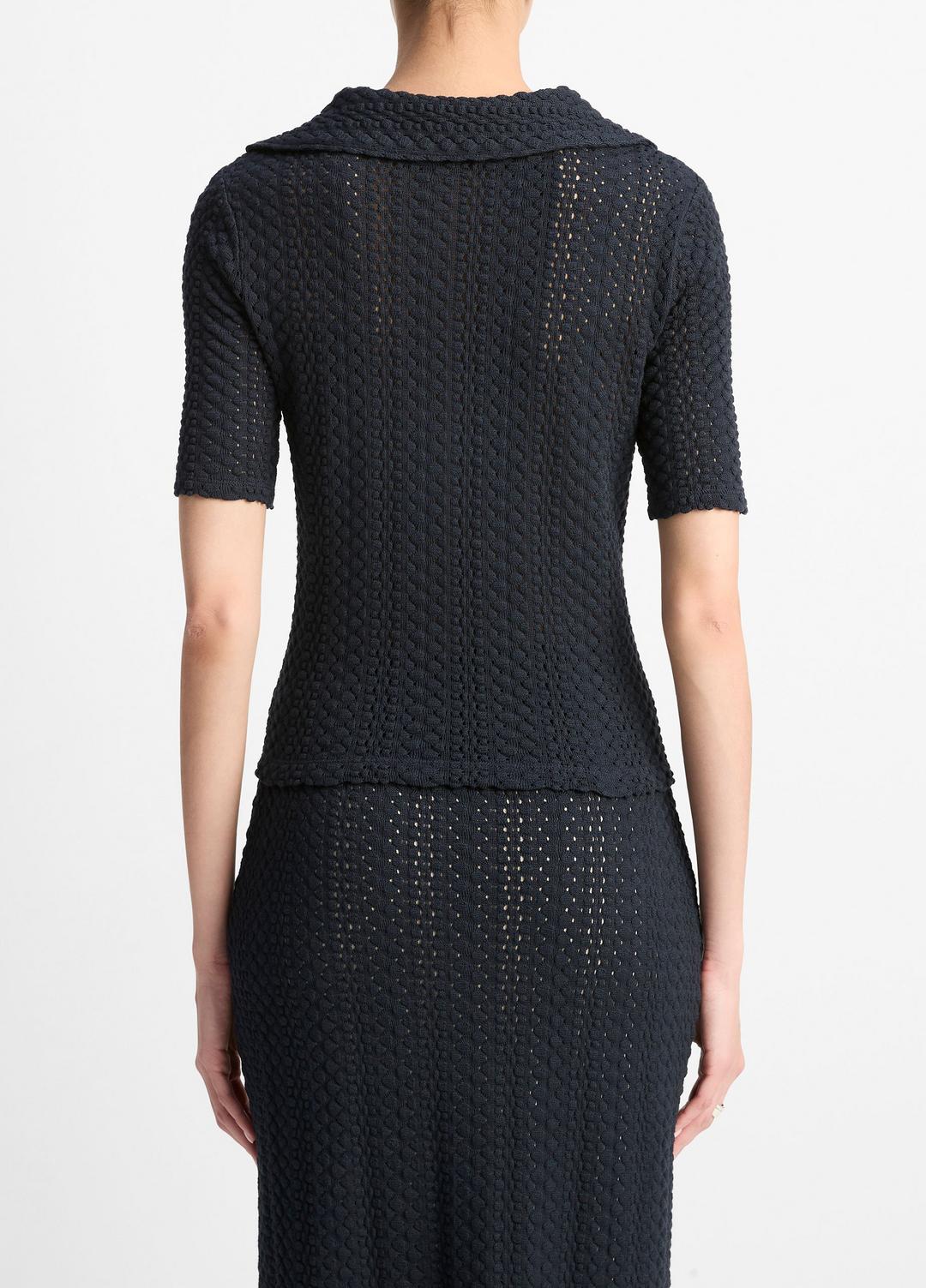 VINCE | Textural Cotton Elbow-Sleeve Polo Top in Shirts & Tees - COASTAL BLUE