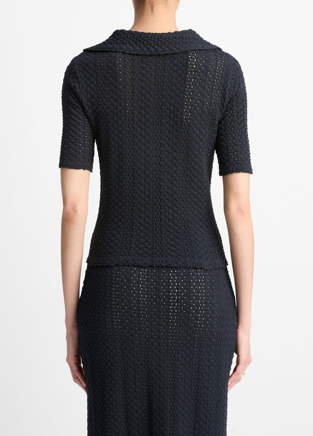 VINCE | Textural Cotton Elbow-Sleeve Polo Top in Shirts & Tees - COASTAL BLUE