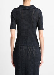 VINCE | Textural Cotton Elbow-Sleeve Polo Top in Shirts & Tees - COASTAL BLUE