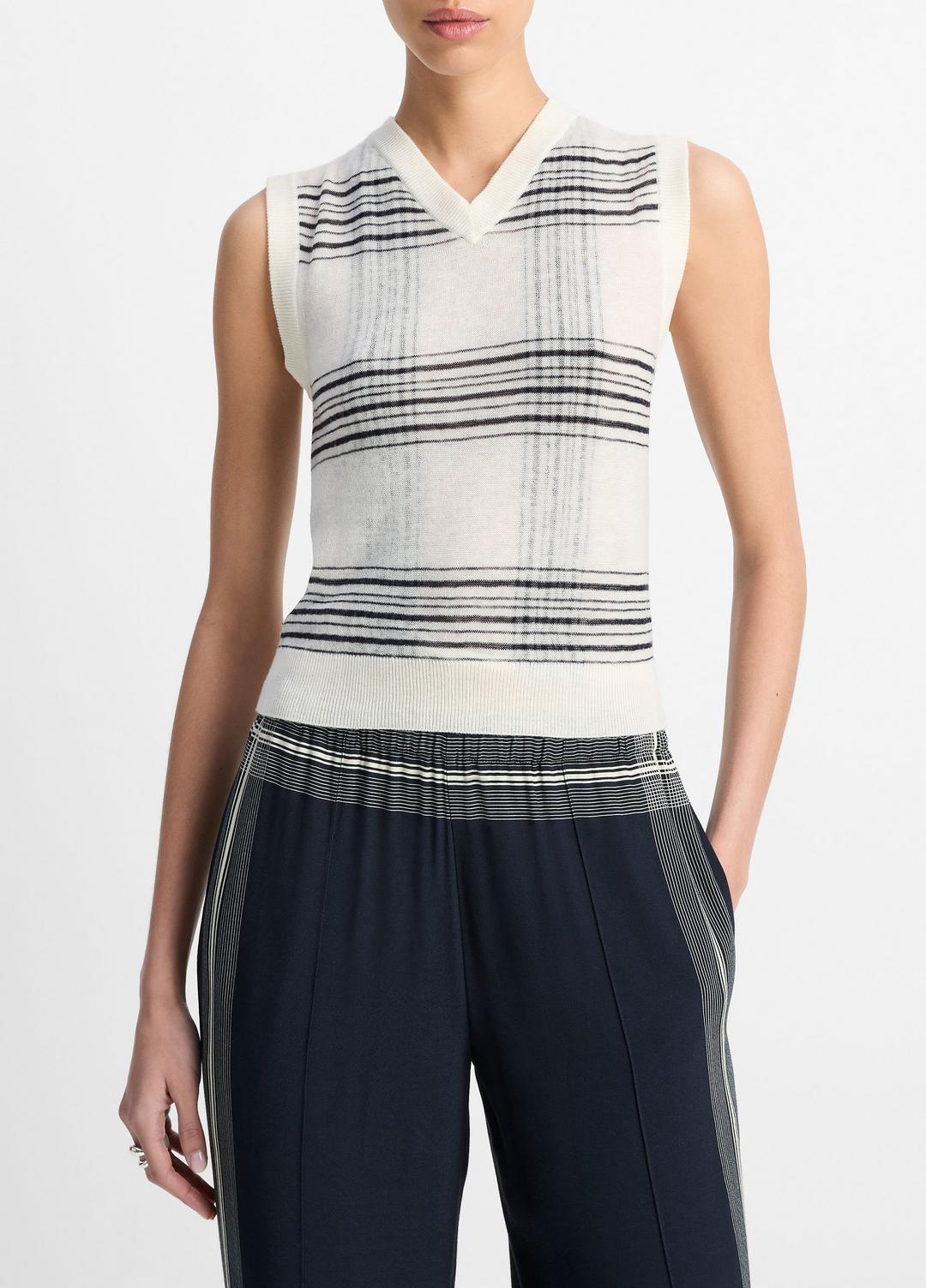 VINCE | Featherweight Plaid Wool Sweater Vest in Sweaters - OFF WHITE/COASTAL BLUE