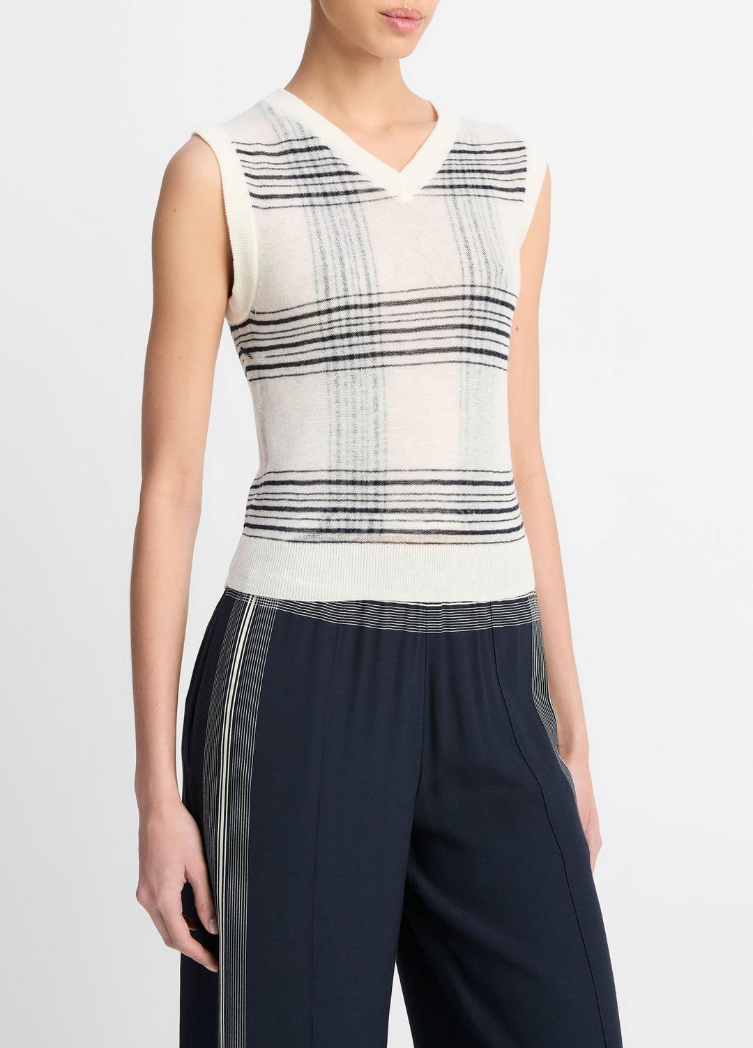 VINCE | Featherweight Plaid Wool Sweater Vest in Sweaters - OFF WHITE/COASTAL BLUE