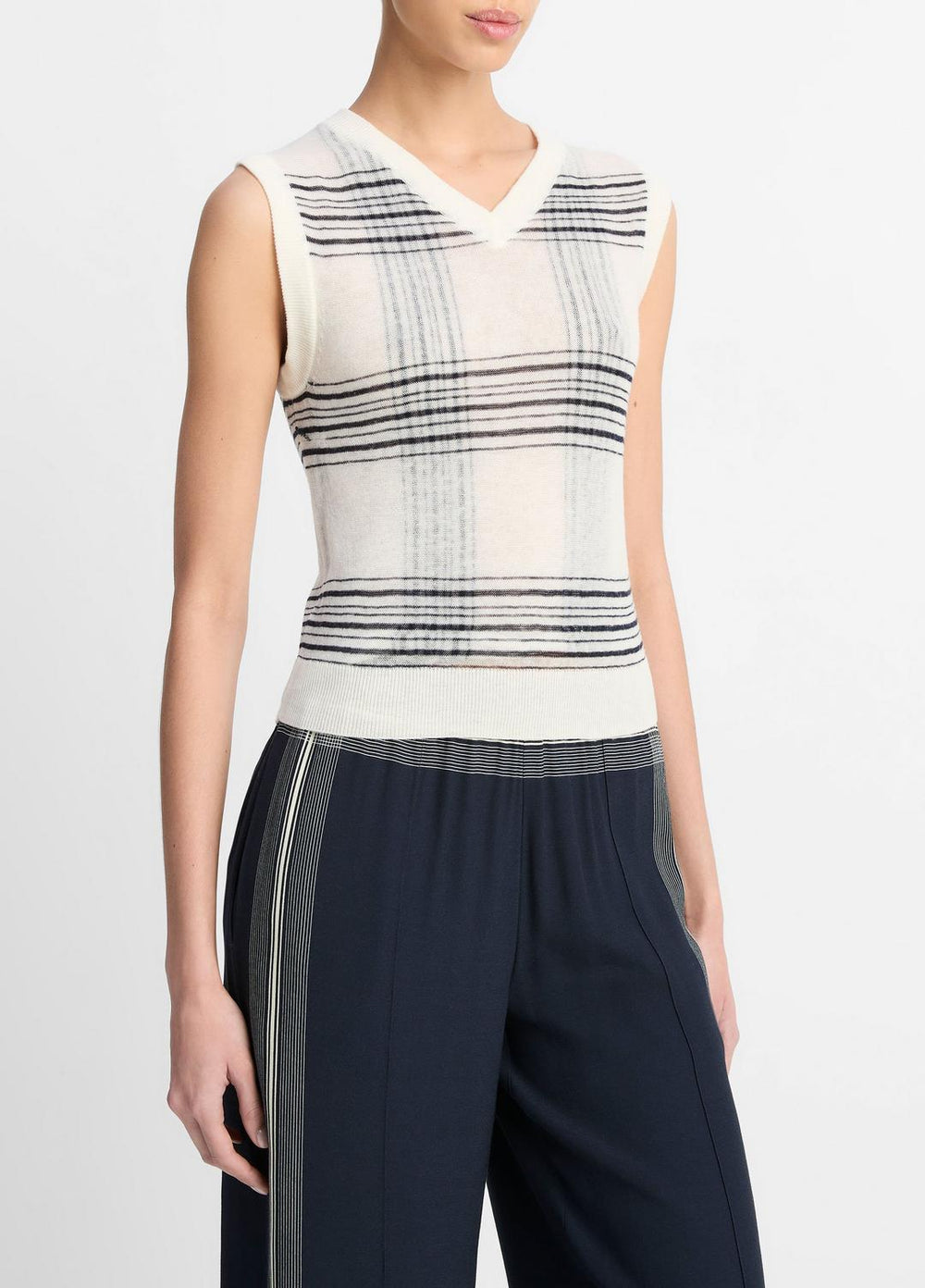 VINCE | Featherweight Plaid Wool Sweater Vest in Sweaters - OFF WHITE/COASTAL BLUE
