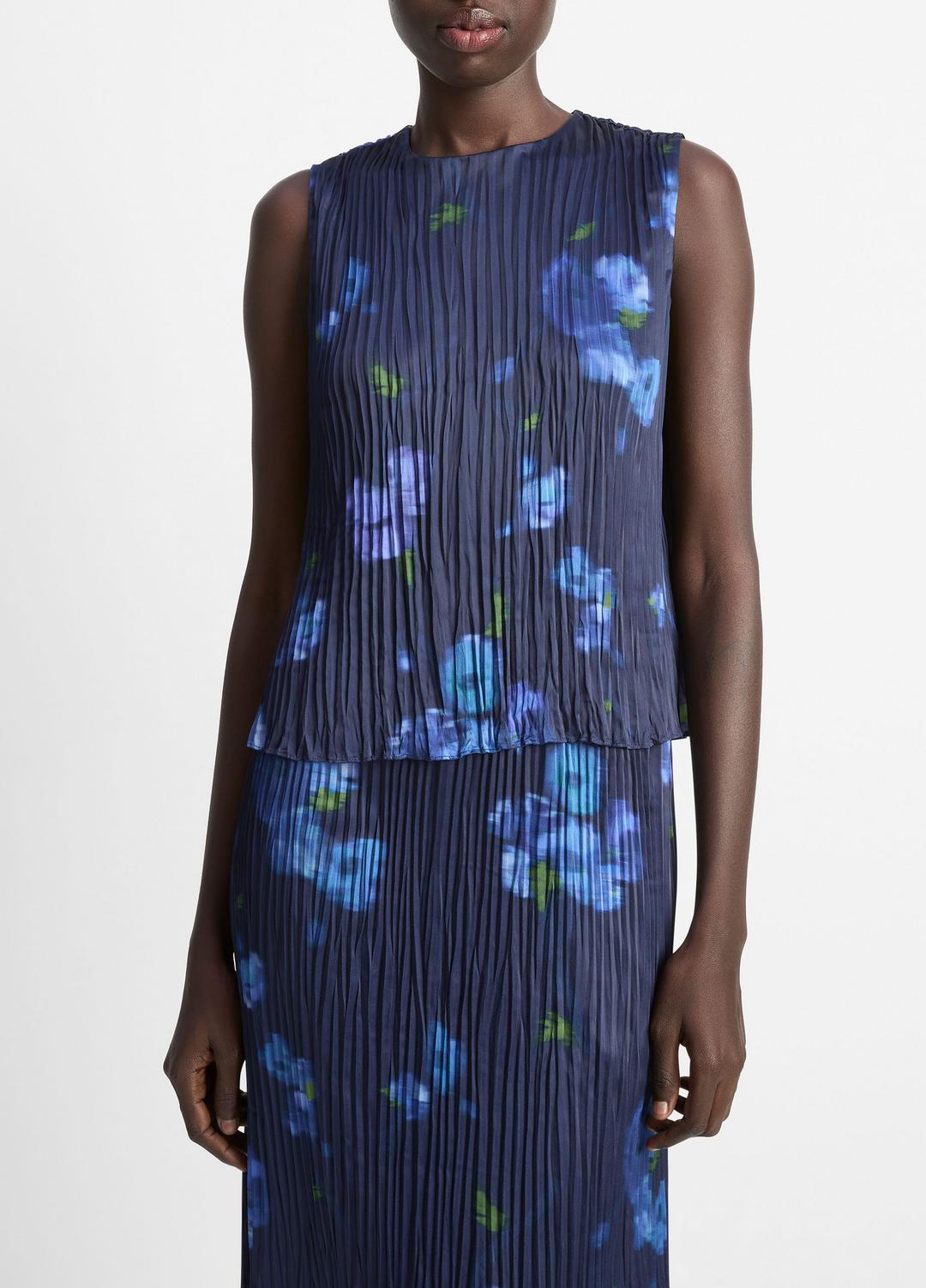 VINCE | Poppy Blur Crushed Satin Shell in Shirts & Tees - MIDNIGHT