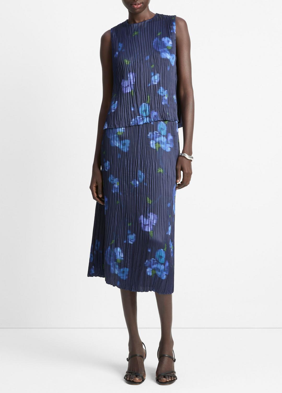 VINCE | Poppy Blur Crushed Satin Shell in Shirts & Tees - MIDNIGHT