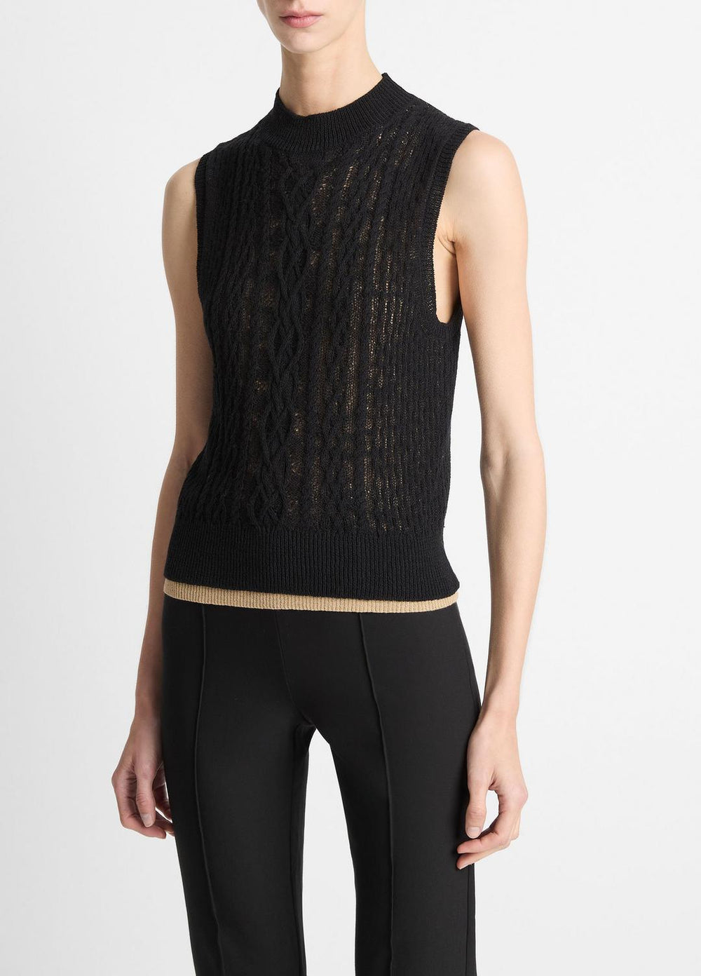 VINCE | Cable Cotton-Blend Double-Layer Shell in Sweaters - BLACK/GOLD CLIFF