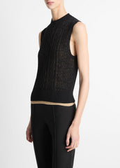 VINCE | Cable Cotton-Blend Double-Layer Shell in Sweaters - BLACK/GOLD CLIFF