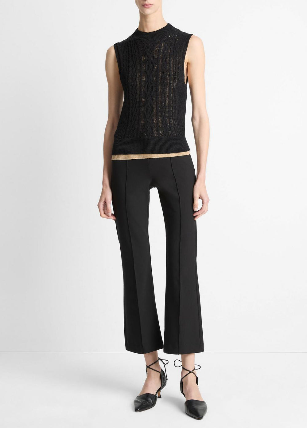 VINCE | Cable Cotton-Blend Double-Layer Shell in Sweaters - BLACK/GOLD CLIFF