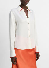 VINCE | Tipped Silk Button-Front Blouse in Shirts & Tees - OFF WHITE/BRICK ROSE