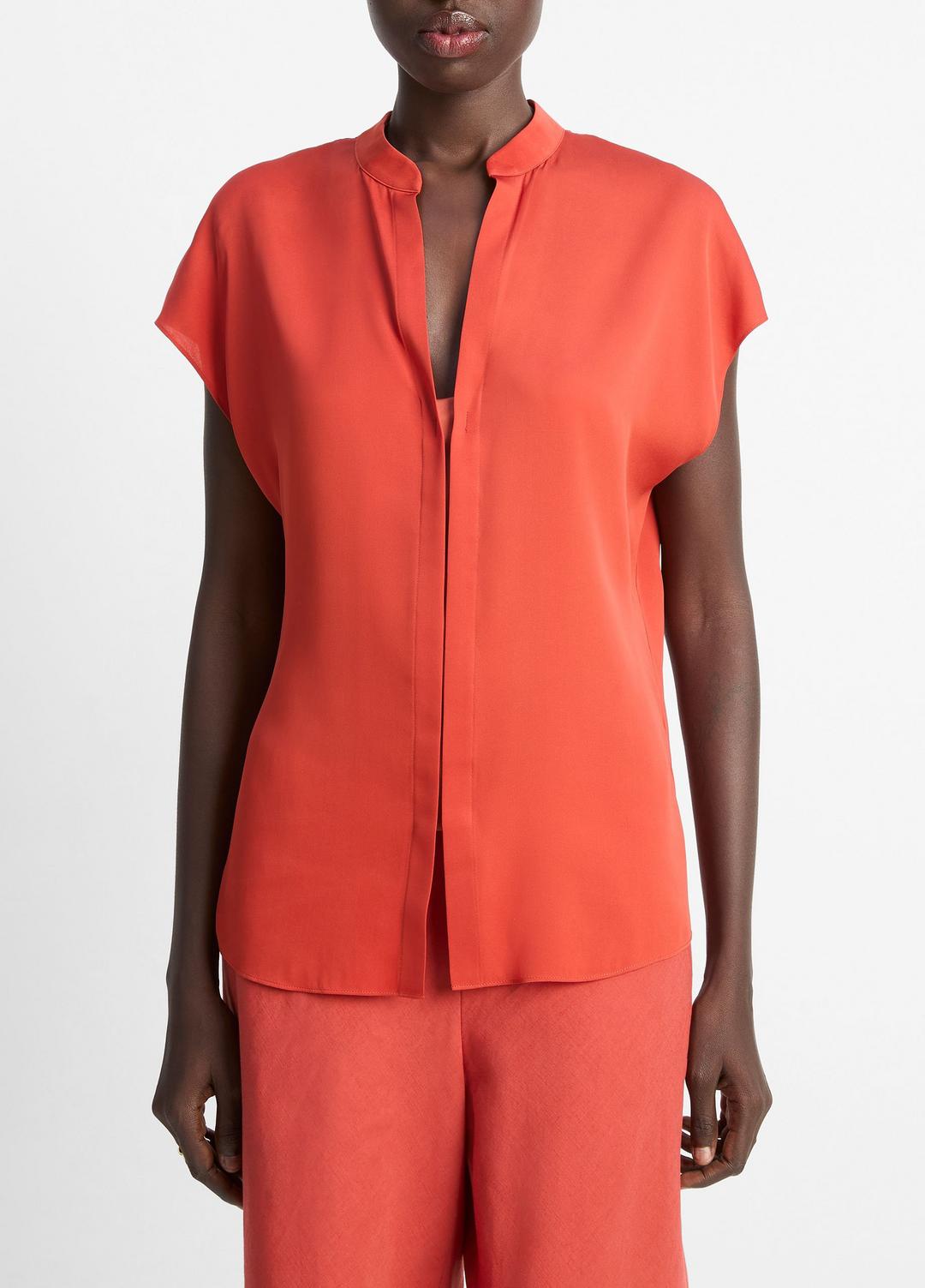 VINCE | Contrast-Placket Stretch-Silk Cap-Sleeve Blouse in Shirts & Tees - BRICK ROSE/RED